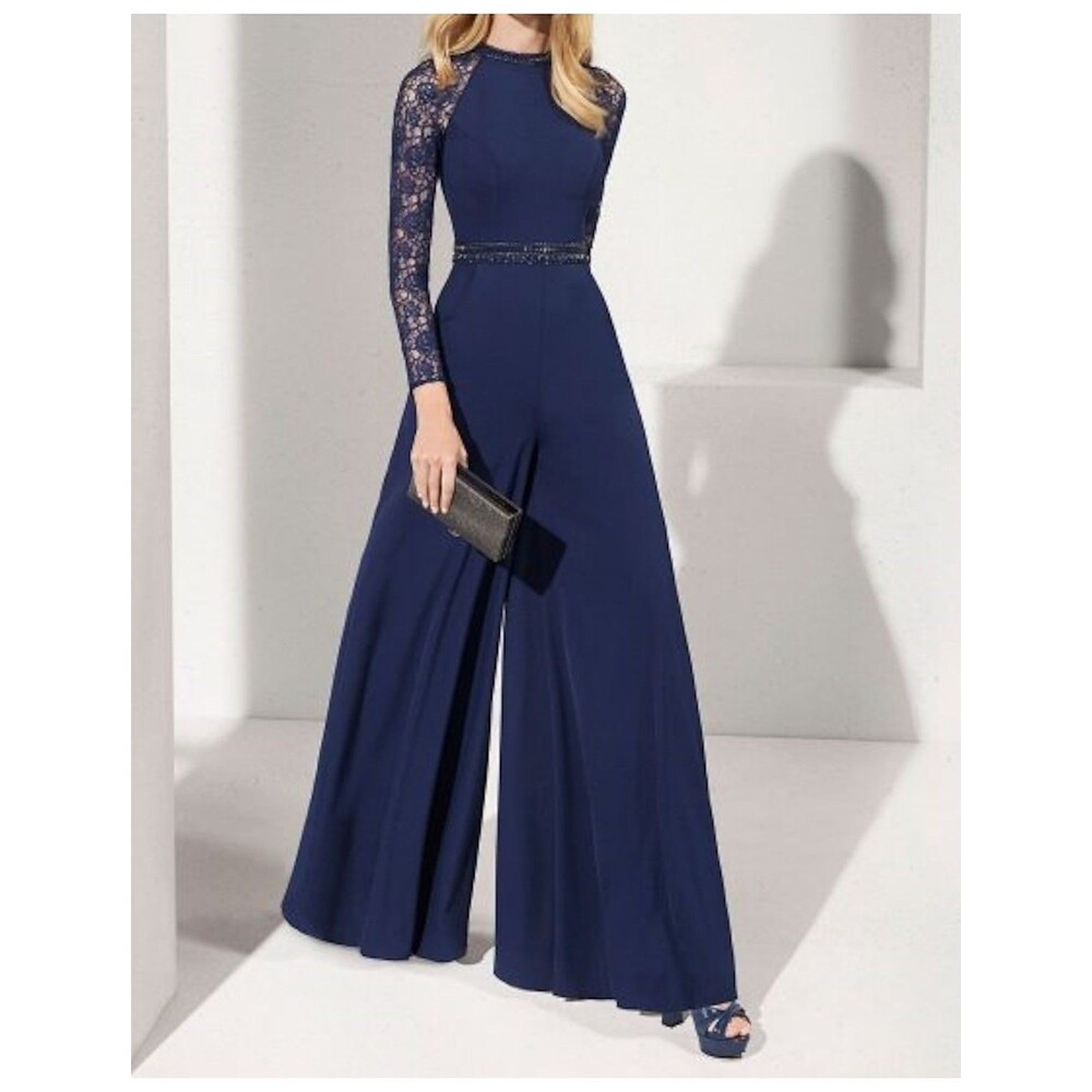Lanting Navy Blue Lace Long Sleeve Beaded Jumpsuit Evening Gown Size 10 NWT